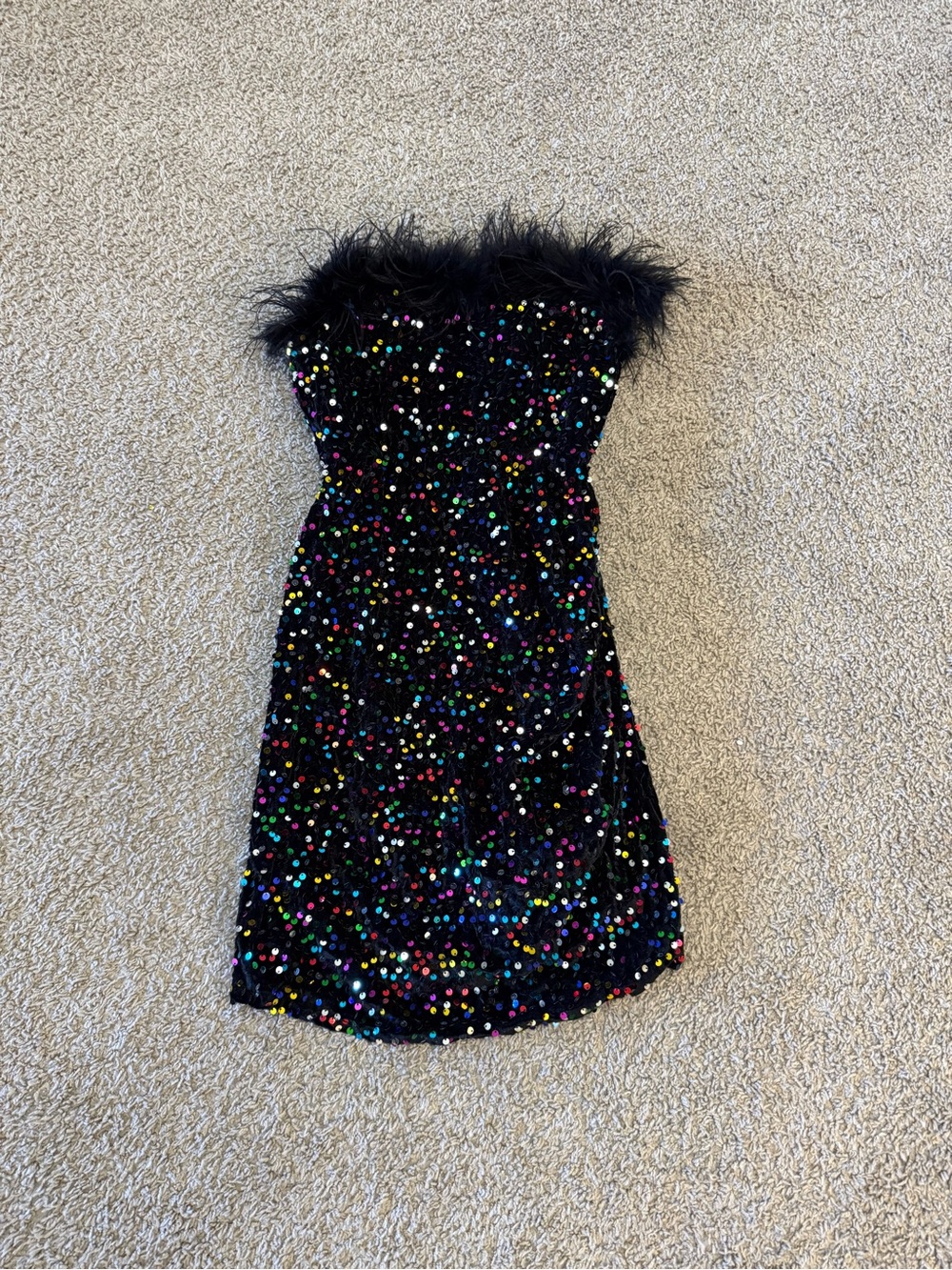 Girls Strapless Black Sequin Party Dress with Feather Trim